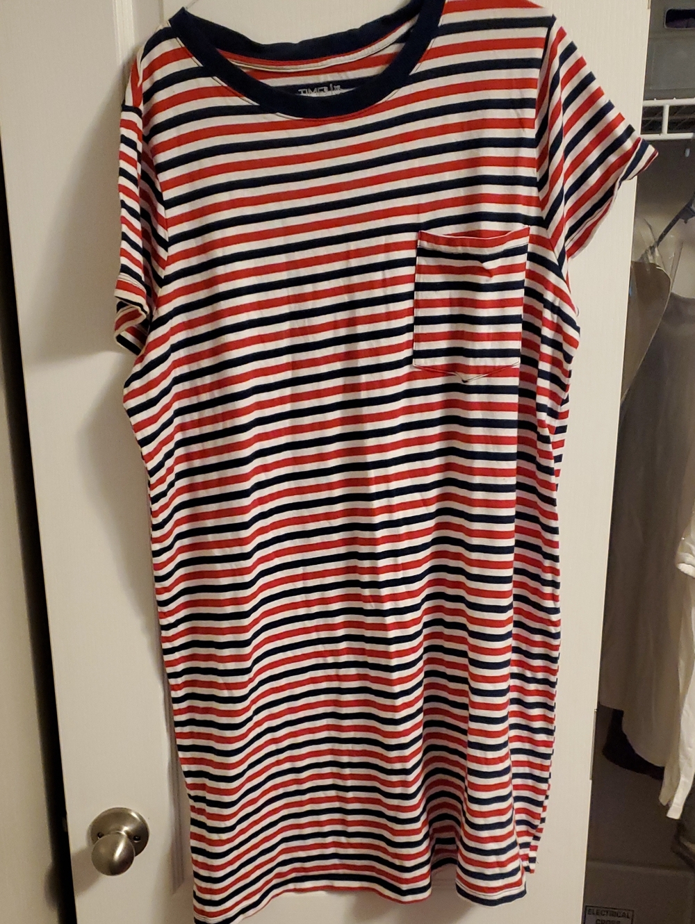 Time and Tru Red White and Navy Striped Short Sleeve Pocket Tee